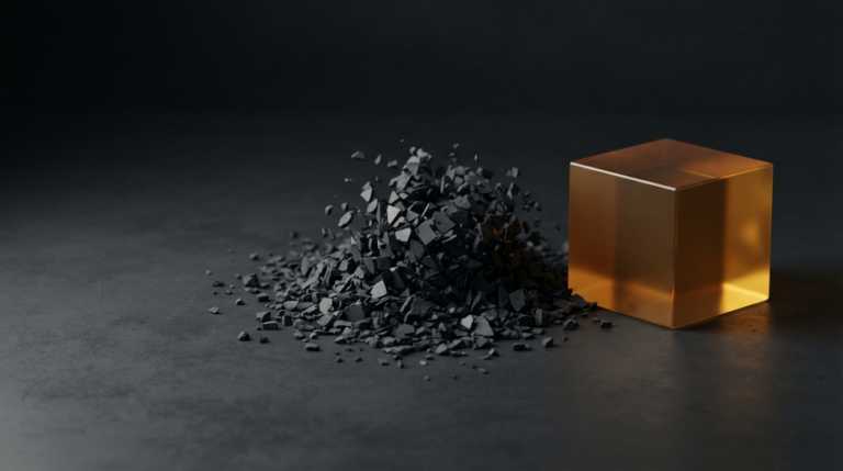 A whole amber cube beside the same cube broken into a scattered pile of fragments