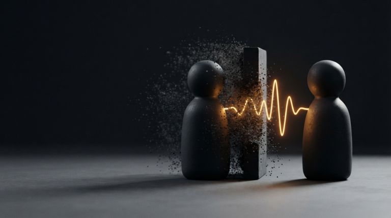 Two dark figures either side of a dissolving wall with an amber sound wave passing through